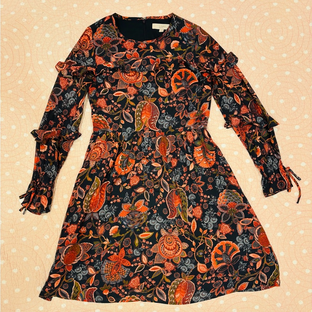 Loft Orange Floral Dress with Ruffles Size 2